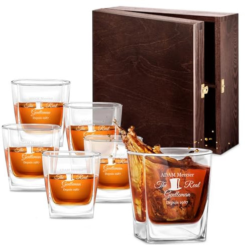 Maverton Ensemble de 6 Verres à Whisky pour lui - Cadeau Homme - Verres classique pour connaisseurs - Gravure au Laser sur chaque Verre a Whisky 250 ml - Cadeau Personnalisé pour homme - Gentleman