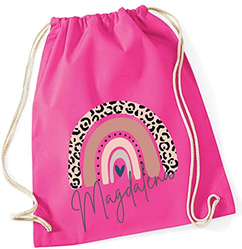 Turnbeutel mit Namen Leo-Print | Motiv Regenbogen in rosa | Stoffbeutel zum Zuziehen als Rucksack für Mädchen
