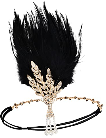 1920s Stirnband Feder Damen Vintage Kostümzubehör 20er Jahre Stil Flapper Charleston Haarband Strass Haarschmuck Stirnbänder für Damen Gatsby Kostüm Accessoires für Hochzeitsfeier Theme Party Schwarz