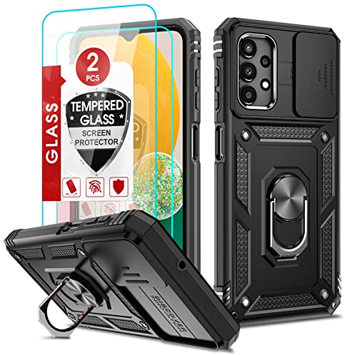 LeYi Hülle für Samsung Galaxy A13 4G Kameraschieber Schutzhülle & 2*Schutzglas Folie, Ringhalter Ständer Case Kamera Klappe Cover Militärische Rüstung Kantenschutz Handyhülle Handy Hüllen Schwarz