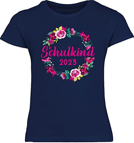 T-Shirt Mädchen Schulanfang - Einschulung - Schulkind 2025 Blumenkranz - 128 (7/8 Jahre) - Navy Blau - Tshirt 2023 Outfit 1.Schultag schulanfänger Shirt schulshirt 1 Schultag t-Shirts