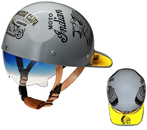 Half Shell Skull Cap Helm, Vintage Retro Open Face Motorradhelm Baseball Cap Erwachsene Open Face Motorradhelme, Sommerhalbhelm Männer Und Frauen ECE-Geprüft,Indian,L