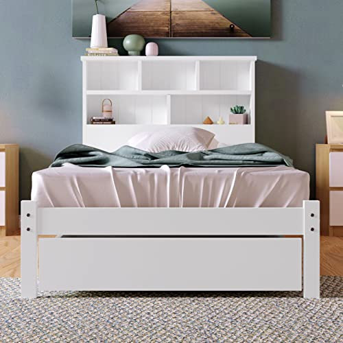 I0I&I0I Bed with Shelves, White Wooden Storage Bed, Underbed Drawer (3FT Single (90 x 190 cm))