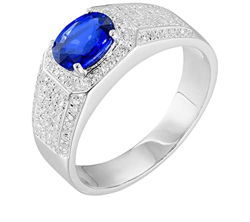 Bishilin Eheringe Weißgold 750, Herren Ring Siegelring mit 1.29ct Oval Saphir Verlobungsring Weißgold Ringe Diamant Große 51 (16.2)