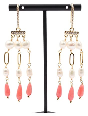 orecchini di fascino Orecchini a gancio pavé di corallo rosa con perle di riso bianco naturale fatti a mano for le donne Ilarità