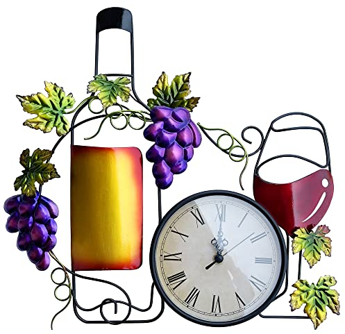 NewVees Metal Wine Wall Clock for Kitchen, Large 16 Inch Wall Art Decor, Decorative Clock With Bottle, Glass, Fake Grape, Battery Operated for Home Living Room Dining Room