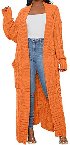 LIVECLOTH Womens Thin Type Stylish Cable Knit Knitwear Dual Pocket Cardigan, Floor Length Maxi Cardigans Women (16 Color, S-2XL), Cardigan-orange, XL