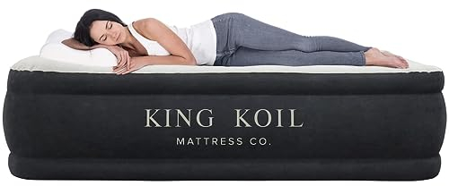 King Koil Full Size Plush Pillow Top Inflatable Air Mattress with Built-in Pump High-Speed Pump for Home, Camping, Guests, Luxury Double High Adjustable Blow Up Bed, Waterproof, 1-Year Warranty