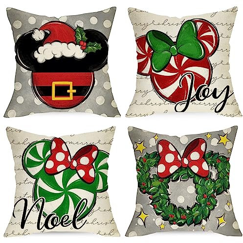 Ussap Dekorative Kissenbezüge mit Aufschrift Merry Christmas, 40,6 x 40,6 cm, 4 Stück, Weihnachtskranz, gepunktet, Schleife, für Winter, Urlaub, Bauernhaus, Zuhause, Sofa, Couch, Dekoration