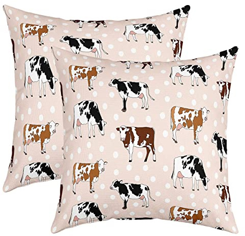 Milch Kuh Wurf Kissenbezüge 40x40cm Satz von 2,Cartoon Kuh Print Rindsleder Kissenbezüge für Kinder Jungen Mädchen,Bauernhaus Tier Kissenbezüge,Vintage Land Rustic Tier Quadratische Kissenbezüge