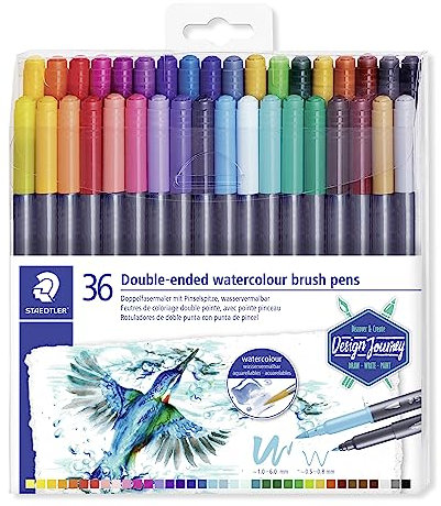 STAEDTLER Duo-Ended Marker, Aquarell, Pinselspitze/feine Spitze, schwarzer Schaft, verschiedene Tintenfarben, Packung mit 36 Markern