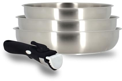 MENASTYL - Set de 3 poêles amovibles en Inox Iris - Compatible tous feux dont induction, four et lave-vaisselle - Empilable - Acier inoxydable et fond sandwich renforcé - 6014197