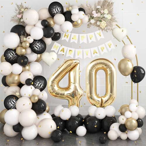 40th Birthday Decorations for Sand White Gold,40th Birthday Balloon Arch Garland Kit With Number 40 Foil Balloons for Women Men 40 Party Decoration