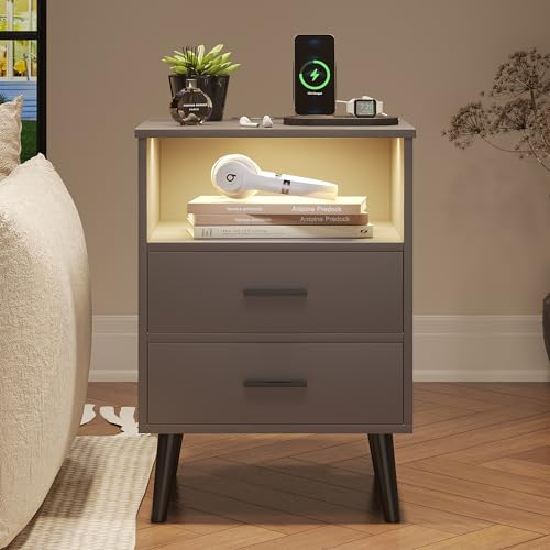 Vlsrka LED Nachttisch mit Geheimfach, Nachttisch mit Ladefunktion, Modern Nachttische mit Versteck und 2 Schubladen, Nachttische Holz für Schlafzimmer, Kabelloses Laden, 3 Farben Licht, Grau