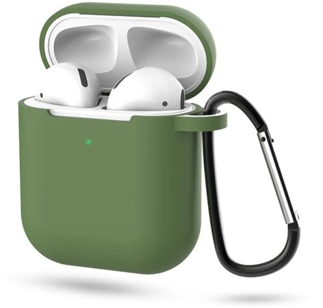 Airpods Case Cover Compatible with AirPods 2 & 1, TCPENG Silicone Shockproof Front LED Visible Extra Protection with Carabiner (Green)