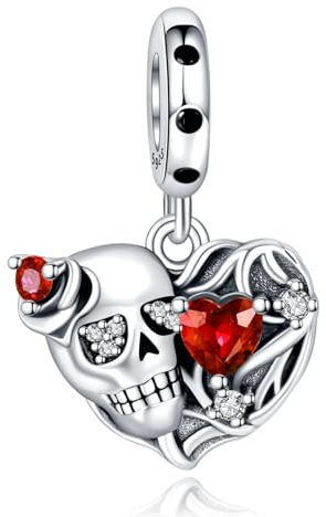 Rimgoris 925 Sterling Silber Charm für Frauen - Armband & Halskette mit Totenkopf, Herz & Rubin Anhänger