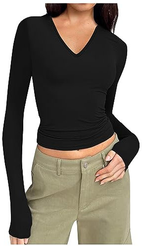 Vente Flash du Jour Et Soldes,Sweatshirts Femme Tunique Femme Longue Blouse Femme Chic Et ÉLégant T-Shirt à Manches Longues Et Col en V pour Femmes Décontracté Slim Couleur Unie Hauts(Black,S)