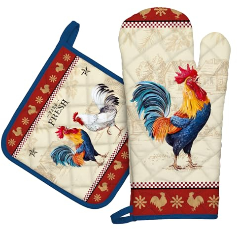 Arquiel Gants De Four & Maniques Lot De 2, 100% Coton Maniques Cuisine Gant Four Anti Chaleur Extra-Longue pour Barbecue, Cuisine, Griller, Micro-Ondes(Coq Vintage)