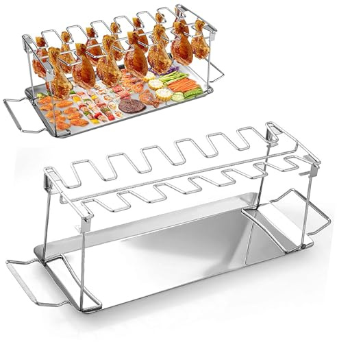 EnMart Support pour cuisse et aile de poulet, innovations modernes, 14 emplacements pour baguettes de poulet pour barbecue, support de rôtissoire en acier inoxydable, support de cuisse de poulet pour