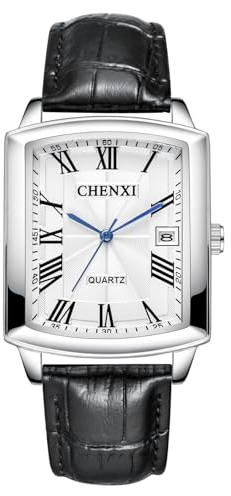 JewelryWe Uhren Herren Leder Rechteckig: 30m wasserdichte Kalender Analog Quarz Armbanduhr Männer Schwarz Echtleder Armband Uhr Herrenuhr mit Weiß Rechteck Römischen Zahlen Zifferblatt