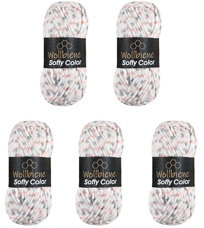 Wollbiene Softy Color 5 x 100 Gramm Chenillewolle Strickwolle, Babywolle, 500 Gramm Wolle Super Bulky (weiß lachs grau 155)