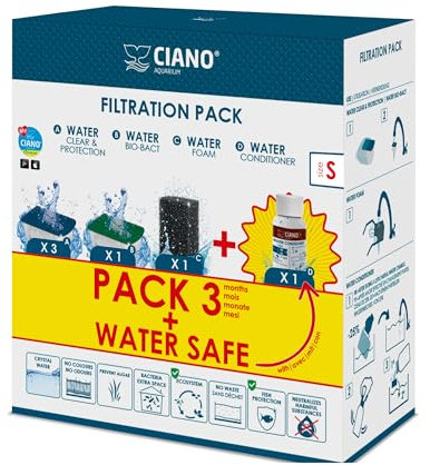 CIANO, Aquarium Consommables + Conditionneur - Cartouches de Filtration pour Filtre d'Aquarium & Conditionneur - Pack 3 Mois, Taille S - Eau Cristalline pour Poissons, sans Impuretés et sans Odeur