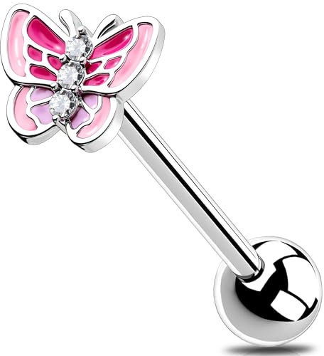 Melighting Zungenring Schmetterling Zungenpiercing 14G Rosa Edelstahl 316L Chirurgenstahl Zungenring für Frauen, 1,6 mm, 16 mm, 6 mm Kugel, 1E+1 Gramm, Zungenpiercing Schmuck