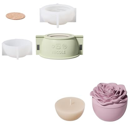 BOOWAN NICOLE Rose Blume Kerzengefäße mit Deckel Beton Silikonformen & 70ML Kerzen Nachfüll Silikonformen,Jesmonite Kerzenständer Gips Gießformen für Kerzenherstellung Handwerk (SH1074+LZ0698)