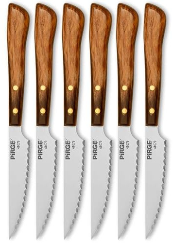 Pirge Elite Steakmesser Set 6 TLG - Wellenschliff Deutschen Edelstahl mit Ergonomischer Poly-Holzgriff - Tafelmesser - Scharfe Fleischmesser (Großes Set)
