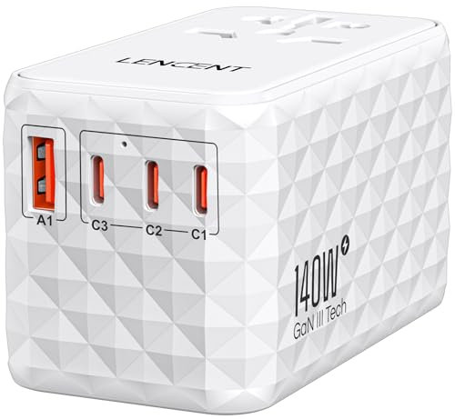 LENCENT Adaptateur de Voyage International 140W avec 1 USB-A et 3 USB-C PD Charge Rapide pour Téléphones Ordinateurs Portables, Adaptateur de Voyage Universel Tout-en-Un pour UK,EU,AU,US, Blanc