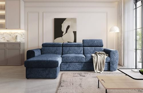 Easy4You Ecksofa Napoli L-Form Marineblau – 271x86x170 cm - Schlafsofa mit Bettkasten und Schlaffunktion - Eckcouch mit Stauraum - Verstellbare Kopfstützen – Stoff Trenza 17