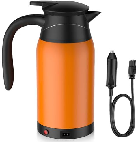 Asfrode Auto Wasserkocher, 12V Wasserkocher Schnell 1 Liter 304 Edelstahl Tragbarer Elektroauto Zigarettenanzünder Wasserkocher Tragbarer Elektrischer Wasserkocher für Auto Lkw
