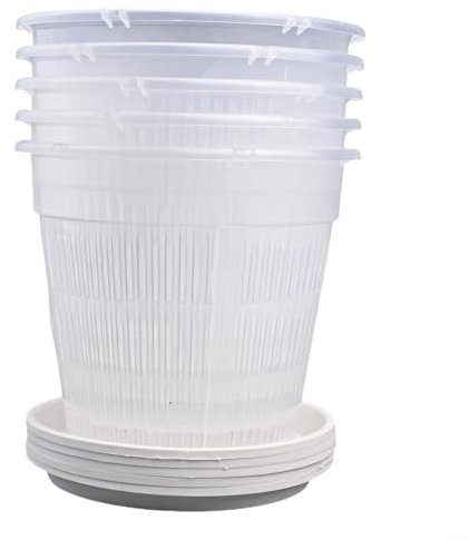 5 vasi per orchidee con piattini, in plastica trasparente, per rinvasare piante da fiori e orchidee, con fori e piattini (16 cm)