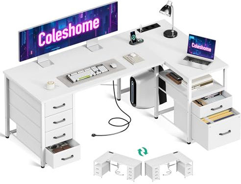 Coleshome Bureau d'angle avec Tiroirs en Tissu, Réversible Bureau en L avec Tiroir Classeur, Bureaux Ordinateur avec Port de Chargement USB et Prise de Courant, Bureaux à Domicile (Blanc, 140x70cm)