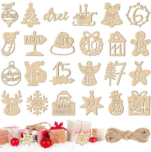 BOOMTOP Adventskalender Zahlen Holz 1-24 Adventskalender Anhänger zum Basteln mit 10 Meter Juteschnur Weihnachten Holzanhänger Holzzahlen Geschenkanhänger in Weihnachtsbaum Hausform Weihnachtsdeko