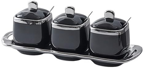 Dowbom Sugar Bowl With Lid And Spoon, 350ml Storage Jar Set of 3, Sugar Container, Sugar Jar, Sugar Pot, Sugar Dish (Black)