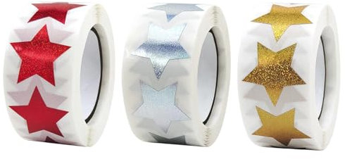 Parthan 3 Rollen Aufkleber Sterne, Gold Sterne Aufkleber für Kinder, Sterne Glitzer Sticker für Scrapbooking, Geschenke und Grußkarten, Selbstklebende Sticker Sterne, Star Sticker(Rot/Silber/Gold)