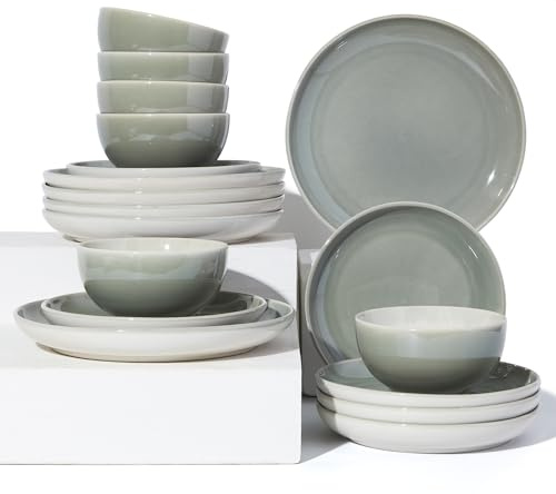 Pokini Ceramic Dinnerware Sets for 6, 18pcs Plates and Bowls Sets Dish Set