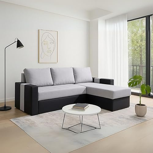 Agritrade AK Aden 4 Seater Corner Sofa Bed with Storage and Universal Sleeping Function Light Grey with Black
