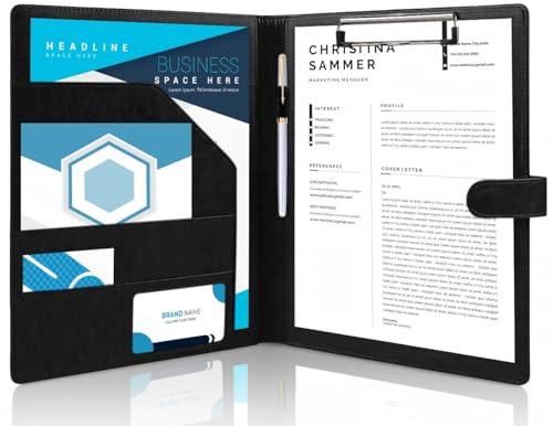 Klemmbrett A4 mit Deckel, PU-Leder Mappe A4 Schreibmappe Klemmbrettmappe, Klemmbrett mit Schreibblock, Dokument-Ordnungshelfer mit Dokumentenfächern Stiftehalter und Magnetverschluss (Schwarz)