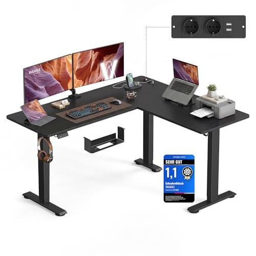 VASAGLE Scrivania Regolabile in Altezza, 160 x 140 cm, Scrivania Angolare a L, Standing Desk, 2 Prese AC, 2 Porte USB-A, Ripiano per Ciabatta, per Ufficio, Nero Inchiostro LSD264BZ01
