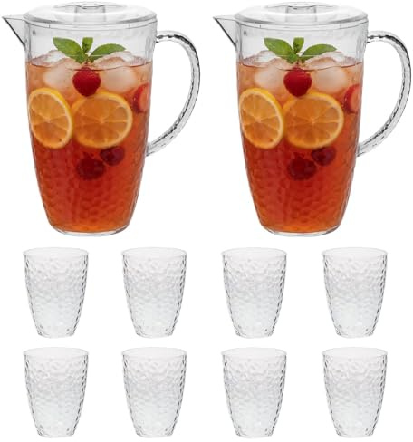 UNIQUE HOME LIVING Clear Acrylic Pitcher 2 Litre Water Jug with Lid, BPA-Free, 2 Juice Jugs with 8 Cups Set for Iced Tea, Lemonade, Cocktails, Cold Beverage Carafe for Fridge - Dimples Design