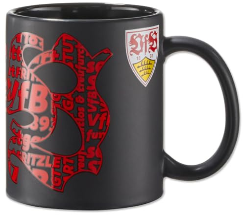 VfB Stuttgart Tasse Metallic Emblem, schwarze Kaffeetasse mit großem roten schimmernden VfB Emblem und weißem Logo, Fans zum Tee, Kakao oder Kaffeetrinken + gratis Digni Aufkleber