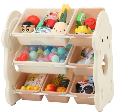 Oyajia Kids Toy Storage Unit with Boxes & Bins | Children's Toy Organiser Shelf for Bedroom, Playroom, Living Room | Sturdy Toy Tidy for Daycare & Nursery | 66 * 39.5 * 63.7cm, White & Brown