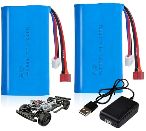 2 batterie ricaricabili agli ioni di litio da 7,4 V, 3000 mAh, con 1 caricatore USB Li agli ioni di potenza, per veicoli RC, barche, carri armati, auto, navi, robot, auto Stunt Car