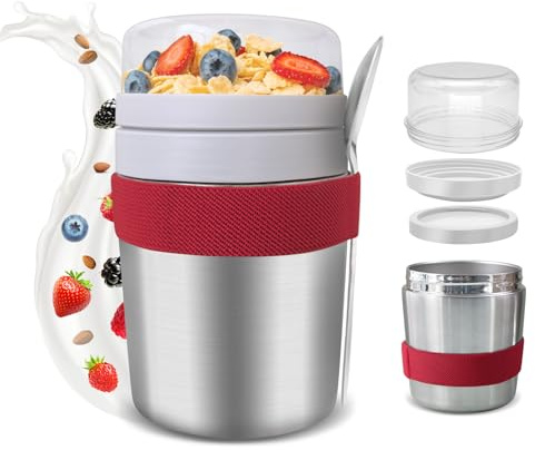 FeinKulturia Müslibecher to Go Edelstahl mit Löffel, Vakuumisolierter Joghurtbecher to Go 500ml+220ml, Müslibecher Müslischale Müslidose Frühstücksdose Müslibox Joghurt Box to Go, für Porridge Joghurt