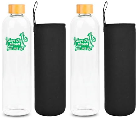 Bioidea Bouteille d'eau en verre avec bouchon en bambou Bouteille en verre Borosilicate écologique Recyclable, réutilisable, sans toxique et sans BPA