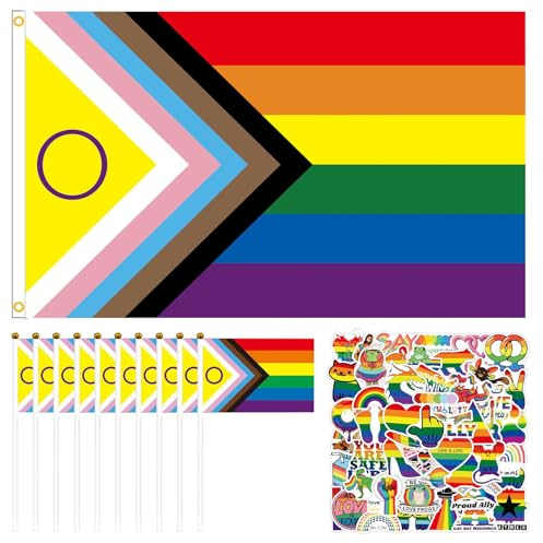 Bandiera LGBTQ, yisight lgbtq gay pride bandiera del capo set, Bandiera Dell'orgoglio Arcobaleno, 90x150cm, 10 Bandiera LGBT Piccola, 50 LGBT Sticker, per Parate del Pride Day