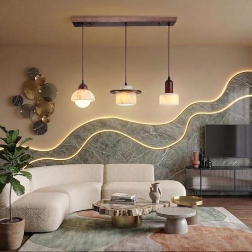 XinZe Pendelleuchte Aus Massivholz Und Marmor Japandi-Wabi-Sabi-Hängeleuchte，Hängelampe Aus Walnussholz Moderner Verstellbarer Pendellampe Für Esstisch Kücheninsel Und Esszimmer(D/Long)