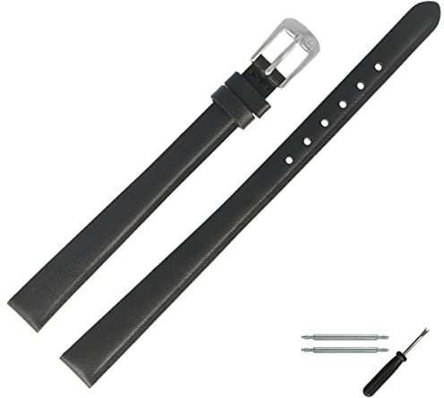 MARBURGER Uhrenarmband 10mm Leder Schwarz Silber XL Glatt Mit Naht - Montage Set 6601010000120